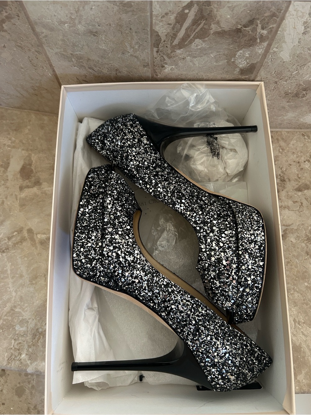 Jimmy Choo Black and Silver Glitter Platform Pumps